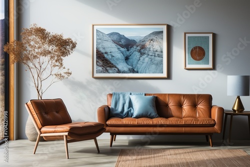 A living room with a leather sofa and a picture of a canyon on the wall photo