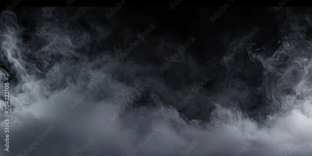 Enigmatic smoke elegance. Captivating composition of abstract black background with wisps of textured motion white light and ethereal mist creating dreamy and mysterious atmosphere