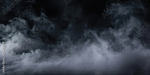 Enigmatic smoke elegance. Captivating composition of abstract black background with wisps of textured motion white light and ethereal mist creating dreamy and mysterious atmosphere © Bussakon