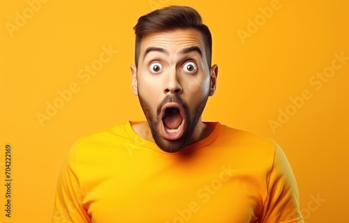 Bearded man in yellow shirt with surprised expression on his face © duyina1990