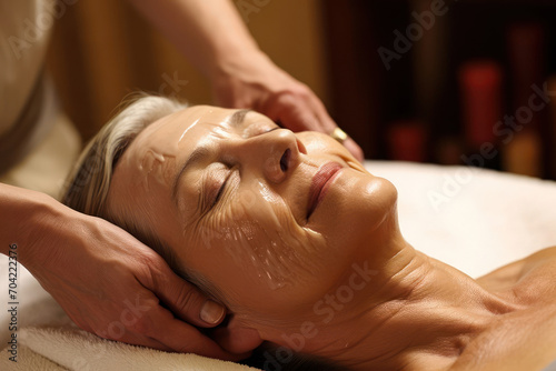 hands of a cosmetologist perform a facial massage with a mask on an elderly client. Relaxed woman having a spa treatment.
