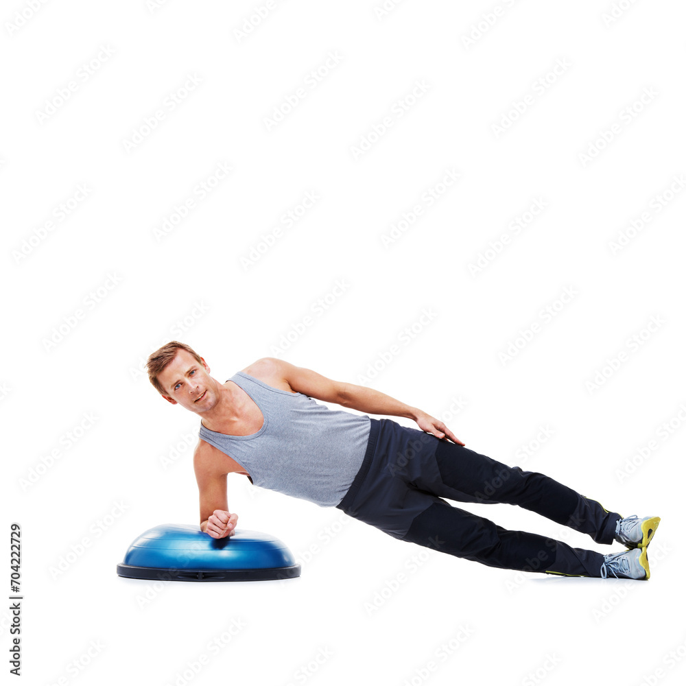 Obraz premium Man, fitness and balance on bosu ball for core training, muscle and workout isolated on white background. Exercise equipment, strength and endurance with mockup space and strong athlete in studio