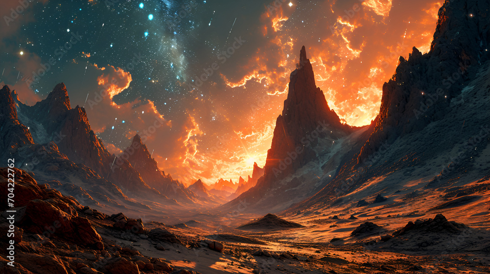 Fiery sky over Martian landscape, science fiction style panoramic image