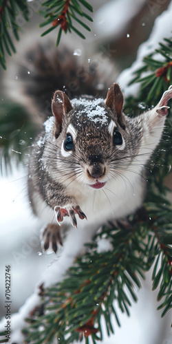 Cute squirrel in a winter forest with falling snow, close-up on a spruce branch photo