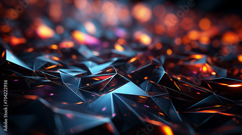 abstract geometrical background with shapes and bokeh. blue and neon orange tones. photo
