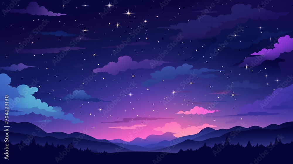 Pink and purple vector sky with mountains and colorful clouds on the background.