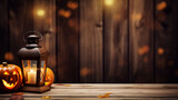 Vintage lantern with burning candle, pumpkins, maple leaves on warm toned background with Blurred bokeh lights