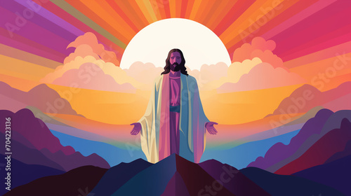 Silhouette of Jesus Christ against sun with different color rays of light. Christianity background 