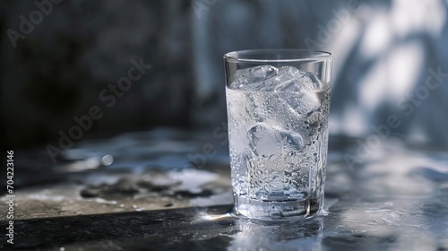 Crystal Clear Glass of Sparkling Water with Ice Cubes on a Reflective Surface, Illuminated by Natural Light