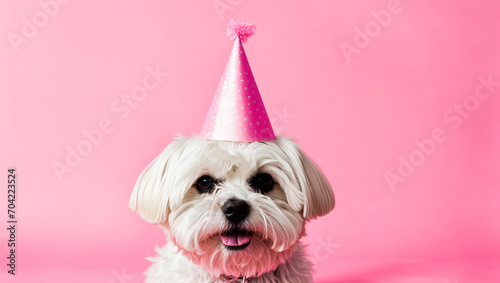 Dog birthday party concept. Cute maltese dog wearing party hat on pink background with copy space. Ai generated photo
