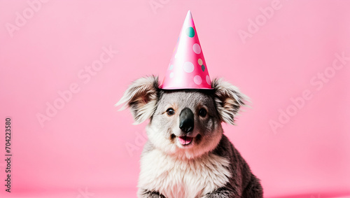 Cute baby koala wearing party hat on pink background with copy space, koala smiling,  koala birthday party concept. Ai generated  © Alanh