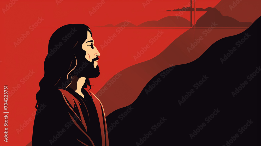 Flat graphic design of Jesus Christ in red and black tones. Stylish religious design.
