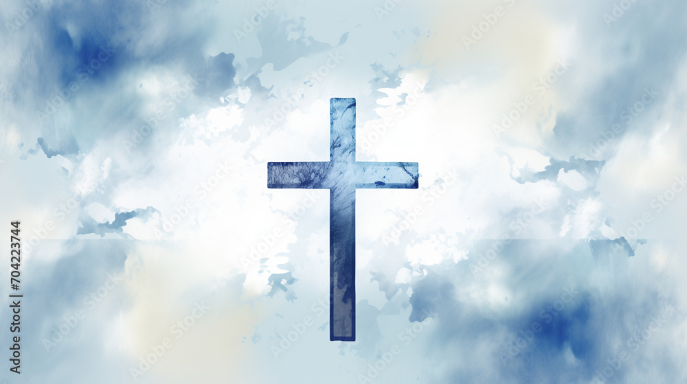 Minimalistic watercolor cross in blue tones on white background. 