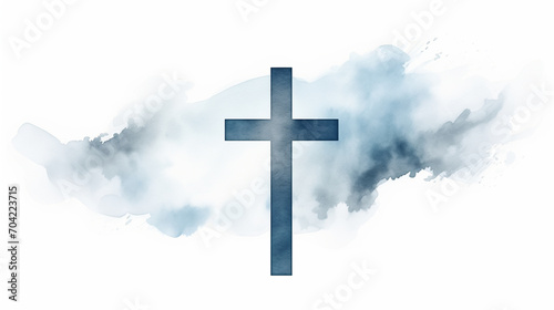 Minimalistic watercolor cross in blue tones on white background. 