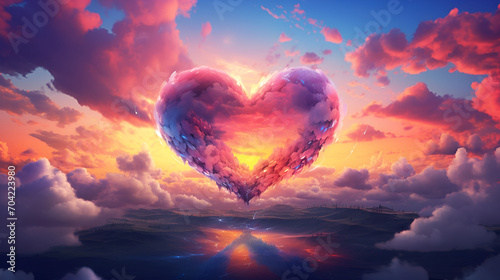 Heart made of clouds in the sky, with pastel colors, love concept,beautiful colorful valentine day heart in the clouds as abstract background, generative ai