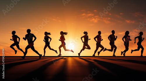 Silhouettes of runners going both directions, concept for athletic achievement and competitive spirit.