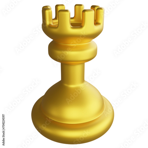 Metallic gold rook chess piece clipart cartoon design icon isolated on transparent background, 3D render chess concept