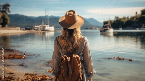 A woman wearing a hat and backpack is standing on the shore of a lake and looking at the boats in the distance © duyina1990