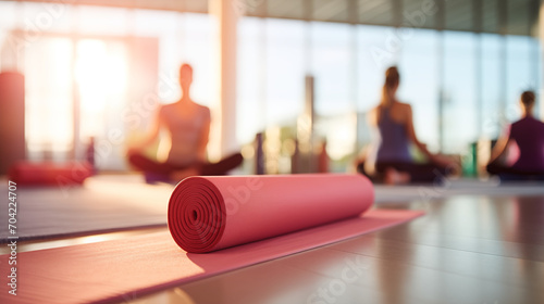 Rolled up pink yoga mat inside a workout studio indoors. photo