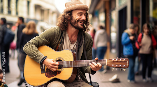 Street performer playing an acoustic guitar in a busy tourist location.