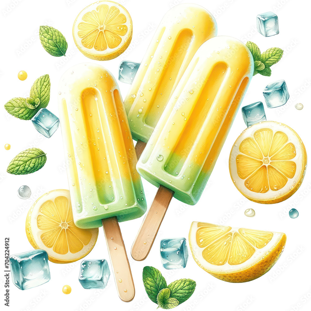 Lemonade Ice Pops, Lemonade Ice Pops, A hyper-realistic watercolor ...