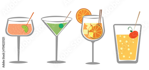 Set of cocktails. An illustration of classical drinks in different types of glasses. Banner with soft and alcohol drinks.illustration of summer cocktails.