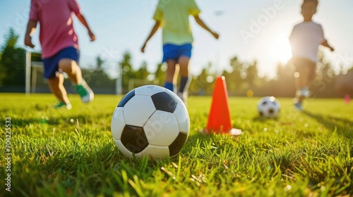 Children playing control soccer ball tactics cone on grass field with for training background Training children in Soccer  © buraratn