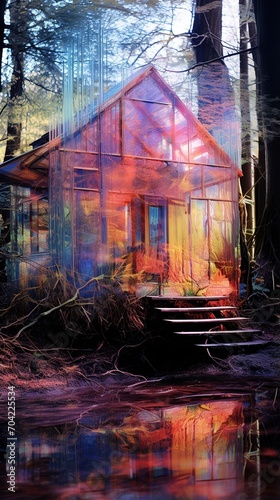 Mystical hut in a surreal forest with vibrant colors and a reflective pond