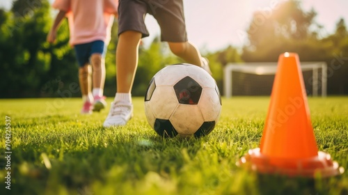 Children playing control soccer ball tactics cone on grass field with for training background Training children in Soccer 