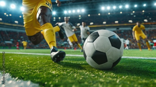 Close up of a football action scene with competing soccer players at the stadium © buraratn