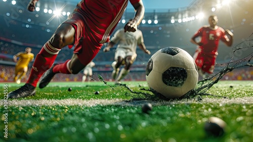 Close up of a football action scene with competing soccer players at the stadium