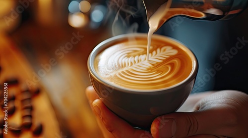 Close-up of professionally extracting coffee by barista with a pouring steamed milk into coffee cup making beautiful latte art. coffee, extraction, deep, cup, art, barista concept
