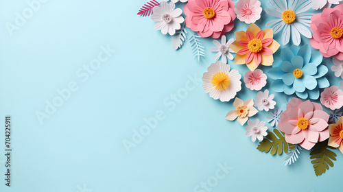 Colorful handmade papercut flowers on light blue background, generative ai © Chaman
