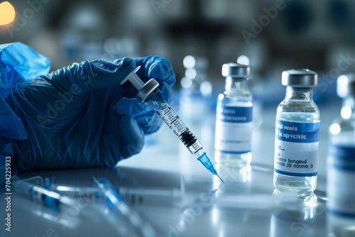 Male doctor hand wears medical glove holding syringe and vial bottle with covid 19 corona virus vaccine drug multiple dose for injections. Coronavirus, Generative AI 