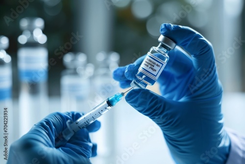 Male doctor hand wears medical glove holding syringe and vial bottle with covid 19 corona virus vaccine drug multiple dose for injections. Coronavirus, Generative AI  photo