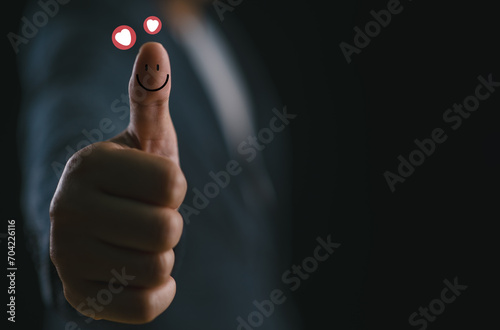 Businessman thumb up showing happy smile face and red heart emotion, good satisfaction feedback rating, customer review, assessment, think positive, good mood, world mental health day, Compliment Day
