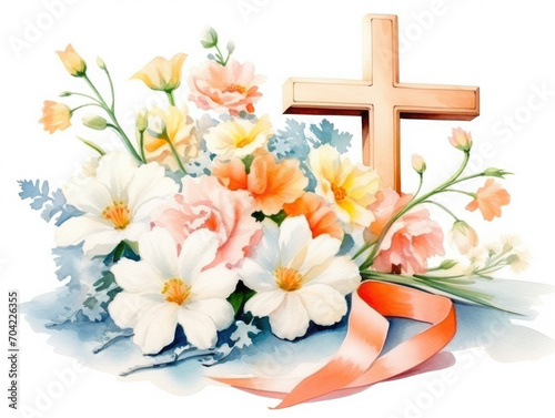 Watercolor illustration painting of a bouquet of colorful spring flowers next to a wooden cross at easter