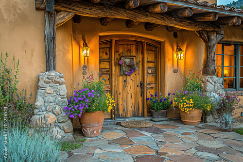 Charming rustic cottage entrance with a wooden door, floral decoration, and warm lanterns at evening. © apratim
