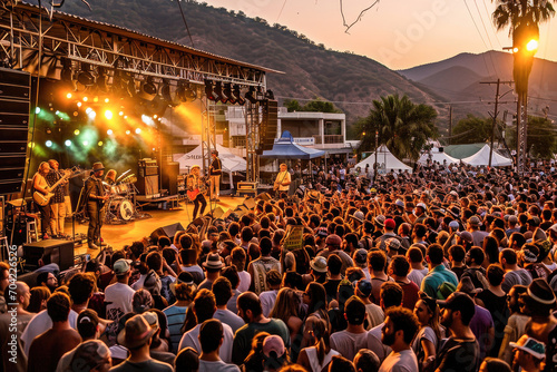 A vibrant live music concert at sunset with a band on stage and a large audience enjoying the outdoor festival atmosphere.