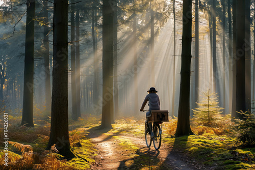 A serene scene of a person riding a bicycle on a forest trail illuminated by beautiful sun rays in the morning.