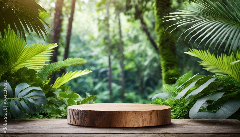 Botanical Showcase: Wooden Podium Set Against a Green Backdrop