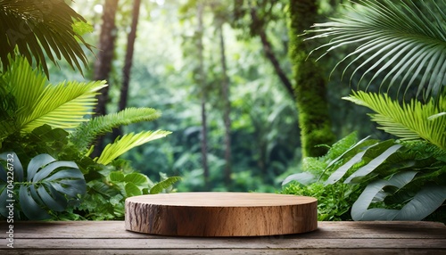 Botanical Showcase: Wooden Podium Set Against a Green Backdrop