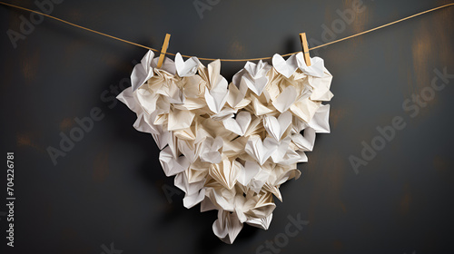 Crumpled paper hanging heart shape clothing pins, generative ai