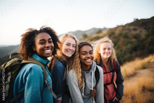 Four happy teenage girls hiking in the mountains