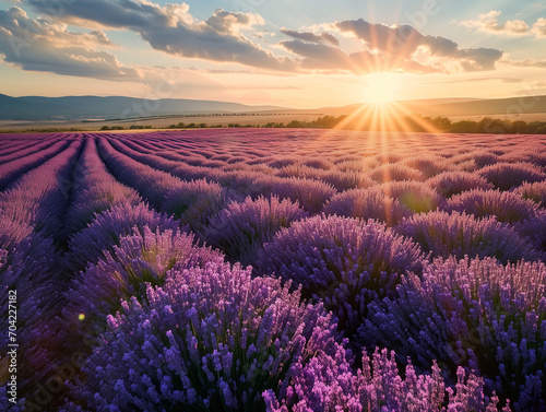 Bloomed purple Lavander field at sunset   sunrise   golden hour 