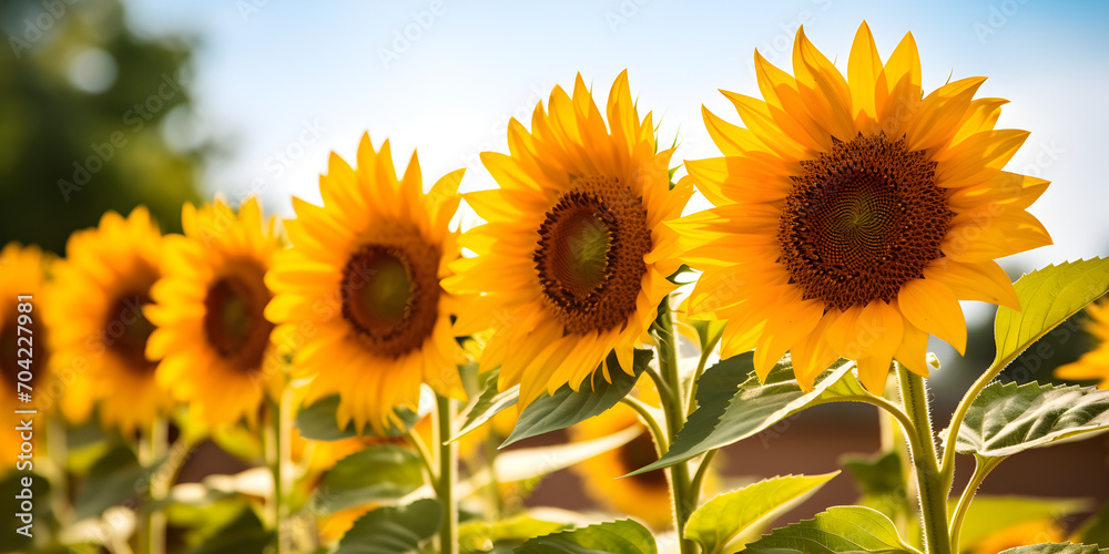 Obraz premium selective focus low angle shot of row of sunflowers