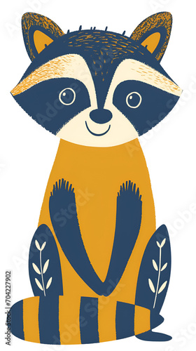 Stylized illustrated raccoon, children's cute cartoon with a smile, blue and orange colors