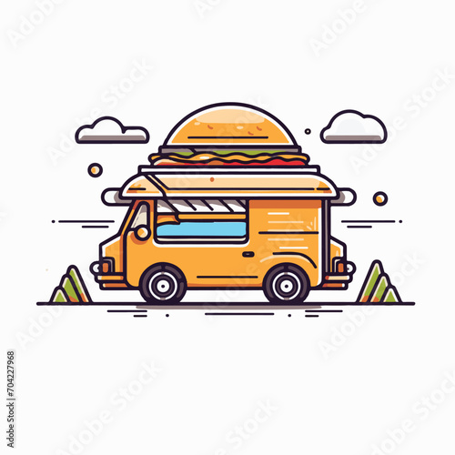 Food truck sellers. Foodtruck vendors takeaway meal street festival, icecream bus burger popcorn pizza coffee store car splendid vector illustration of truck food