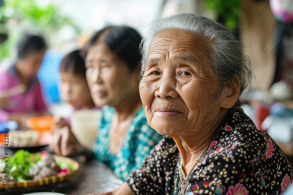 Asian elderly woman having a traditional meal with family