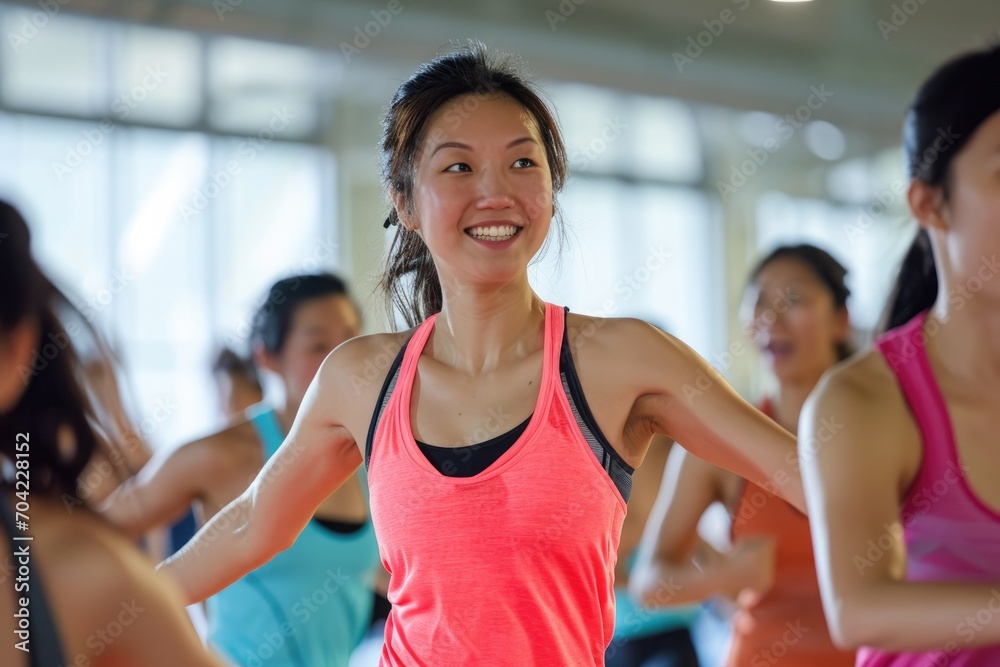 Asian fitness instructor leading an aerobics class in a gym.